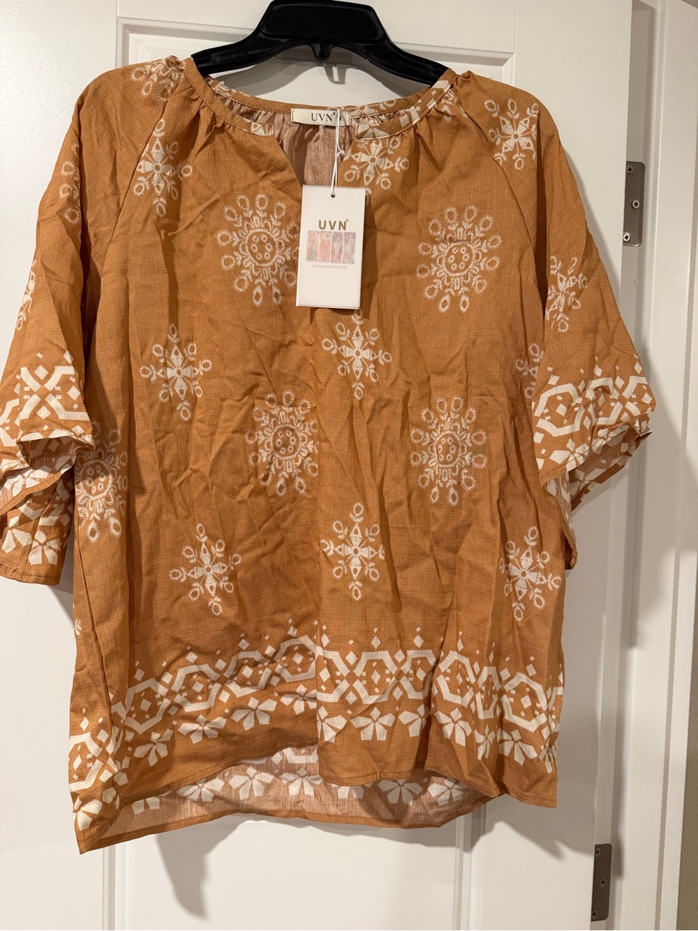 Tan Printed Puff-Sleeve Tunic Top